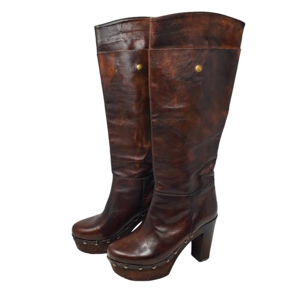 Charles David Leather Wooden Heel Boots Italy Sz 38 / 8 Y2K Slip-On Minimalist - Picture 1 of 15